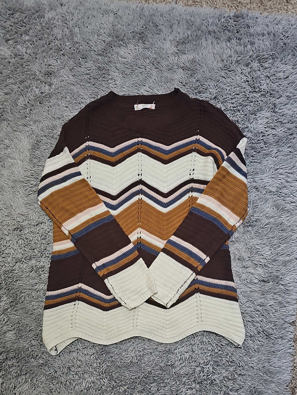 Striped Chevron Knit Sweater in Brown, Cream & Mustard SZ Lg Brand Fct
